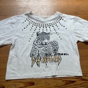 Def Leppard white studded cheetah girls short sleeve cropped shirt SIZE 6